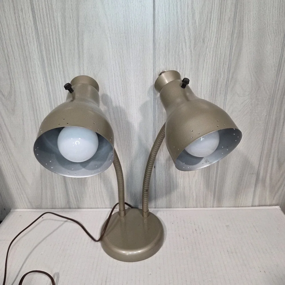 Vtg Double Gooseneck Desk Lamp Metal BULLET Shades Moderne Lamp 80s